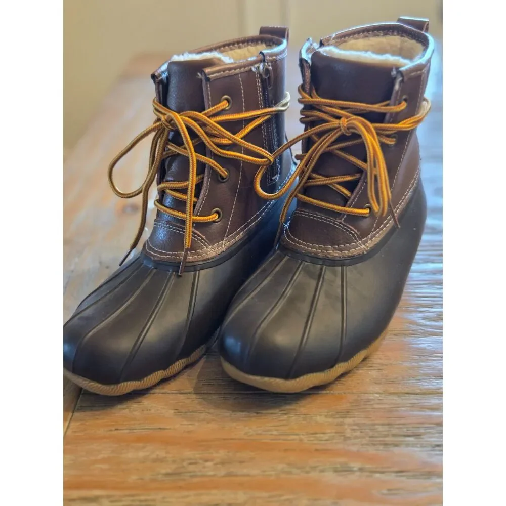 Serra duck rain boots, brown rubber and faux leather, size 7 thinsulate